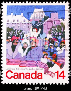 MOSCOU, RUSSIE - le 28 FÉVRIER 2021 : le timbre-poste imprimé au Canada montre le Carnaval de Québec, vers 1979 Banque D'Images