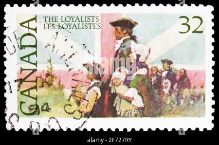 MOSCOU, RUSSIE - le 28 FÉVRIER 2021 : le timbre-poste imprimé au Canada montre les Loyalistes, vers 1984 Banque D'Images