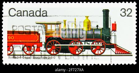 MOSCOU, RUSSIE - 28 FÉVRIER 2021 : timbre-poste imprimé au Canada montre Scotia 0-6-0 Type (1860), locomotives canadiennes, (2e série) 1860-1905 série Banque D'Images