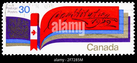 MOSCOU, RUSSIE - le 28 FÉVRIER 2021 : le timbre-poste imprimé au Canada montre la Constitution, 1982, vers 1982 Banque D'Images