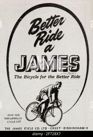 Publicité vintage 1950 pour British James Bicycles. Banque D'Images