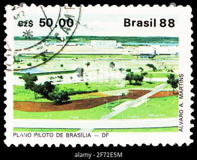 MOSCOU, RUSSIE - 20 JANVIER 2021: Timbre-poste imprimé au Brésil montre Brasilia/DF, salon du timbre série LUBRAPEX -88, vers 1988 Banque D'Images