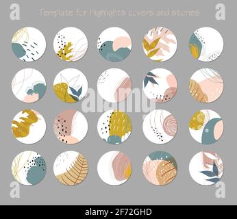 Ensemble de couvertures de mise en évidence de vecteur. Arrière-plans abstraits. Formes, lignes, taches, points, fleurs, feuilles. Modèles dessinés à la main. Icônes rondes pour les réseaux sociaux Illustration de Vecteur