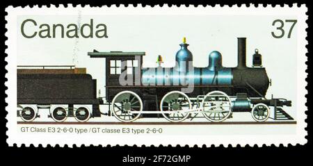 MOSCOU, RUSSIE - le 22 DÉCEMBRE 2020 : le timbre-poste imprimé au Canada indique GT classe E3 2-6-0 Type (1886), locomotives canadiennes, (2e série) 1860-1905 Banque D'Images