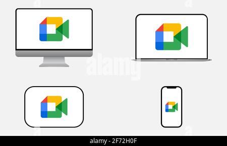 Vinnytsia, Ukraine - 3 avril 2021 logo de la réunion vidéo Google Meet sur l'écran d'un ordinateur, d'un ordinateur portable, d'une tablette et d'un smartphone. Illustration vectorielle Illustration de Vecteur
