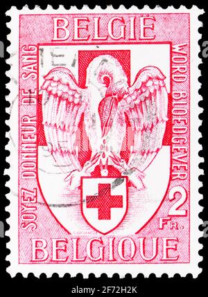 MOSCOU, RUSSIE - 22 DÉCEMBRE 2020 : le timbre-poste imprimé en Belgique montre une transfusion sanguine - Croix-Rouge belge, vers 1956 Banque D'Images