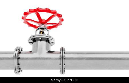 Tube métallique brillant de rendu 3D avec valve rouge isolée sur fond blanc.Illustration d'une image numérique pour l'industrie. Banque D'Images