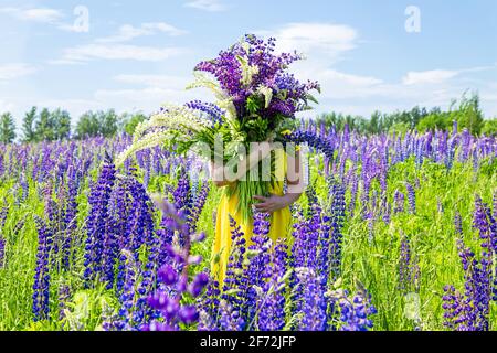 Femme blonde dans une robe jaune dans le champ lupin. Jour ensoleillé d'été. Concept détente, vacances, liberté. Banque D'Images