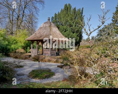 Le chaume couvrit un abri dans le jardin de la Duchesse de Rothesay, domaine de Dumfries House , Cumnock, Écosse Banque D'Images