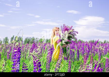 Femme blonde dans une robe jaune dans le champ lupin. Jour ensoleillé d'été. Concept détente, vacances, liberté. Banque D'Images