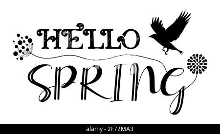 Signe Hello Spring avec silhouette de fleur et d'oiseau volant sur fond blanc, illustration vectorielle. Illustration de Vecteur