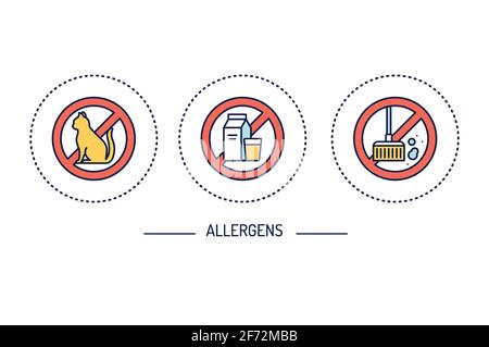 Jeu d'icônes de couleur de ligne allergènes. Sans gluten, sans poussière, allergie au chat. Illustration de Vecteur