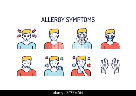 Symptômes d'allergie ligne couleur icônes concept. Dermatologique, maladie infectieuse. Illustration de Vecteur