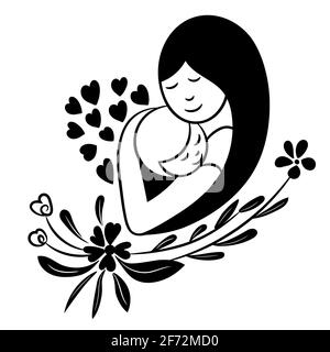 Mère tenant un bébé nouveau-né avec son bras en forme de coeur avec une fleur, symbole pour la fête des mères, illustration vectorielle. Illustration de Vecteur