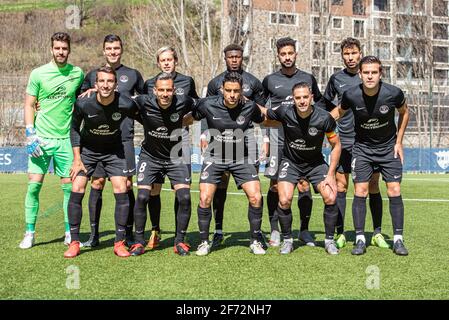 Encamp, Andorre : 2021 avril 04 : la formation UD IBIZA joue au deuxième match de division B entre le FC Andorre et Ibiza au stade Prada de Moles Banque D'Images