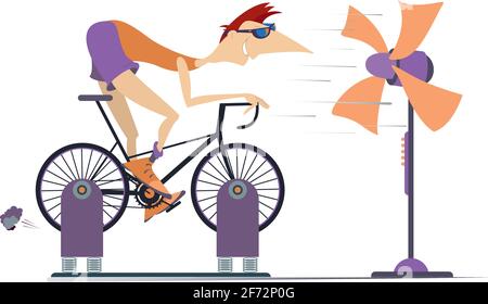 Le cycliste s'entraîne à la maison sur l'illustration du vélo d'exercice. Le cycliste se déplace sur un vélo d'exercice en face du ventilateur isolé sur blanc Illustration de Vecteur