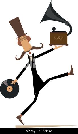 Homme drôle avec un lecteur de disques vintage et une illustration d'enregistrement. Homme de la longue moustache à pied dans le chapeau supérieur tient un long disque et gramophone Illustration de Vecteur