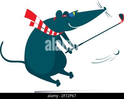 Dessin animé rat ou souris joue golf illustration drôle rat ou souris essaie de faire un bon coup isolé sur blanc Illustration de Vecteur