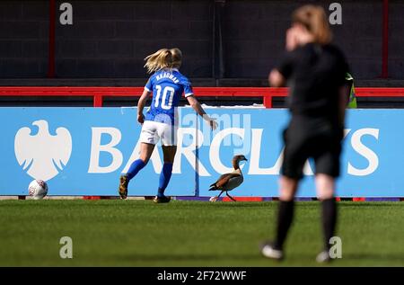 Brighton et Hove Albion, Inessa Kaagman, tentent de récupérer un oiseau qui a interrompu le jeu lors du match de la Super League des femmes de la FA au People's Pension Stadium, Crawley. Banque D'Images