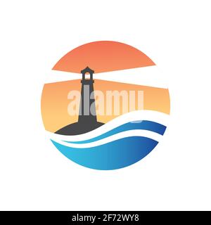 Phare avec vague de mer et lumière. Coucher de soleil coloré et logo de la mer Illustration de Vecteur