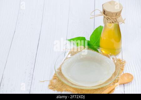 Scoby sur plat et thé Kombucha sur fond de bois, boisson fermentée au cidre. Avantages du thé kombucha sont source de probiotiques, haut en antioxydants et Banque D'Images