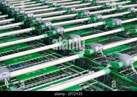 Rangée de chariots garés dans le supermarché. Beaucoup de chariots verts vides dans la rangée. Banque D'Images