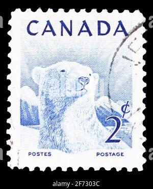 MOSCOU, RUSSIE - le 12 JANVIER 2021 : le timbre-poste imprimé au Canada montre l'ours polaire (Ursus maritimus), série de la semaine nationale de la vie sauvage, vers 1953 Banque D'Images