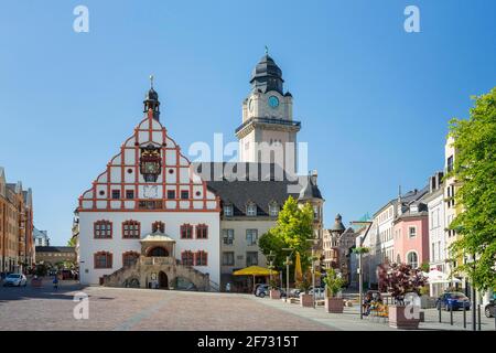 Superbe pignon de la vieille mairie et tour de la nouvelle mairie, Altmarkt, Plauen, Vogtland, Saxe, Allemagne Banque D'Images