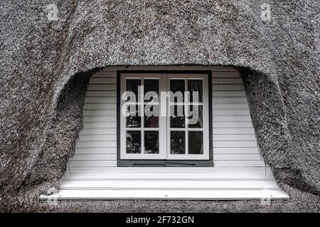 Pignon d'une maison frisonne avec toit de chaume, Keitum, Sylt, Frise du Nord, Schleswig-Holstein, Allemagne Banque D'Images