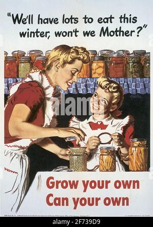 Une affiche de la Seconde Guerre mondiale vintage informant les gens sur les déchets alimentaires, encourageant les gens à cultiver leurs propres légumes Banque D'Images