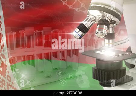 Bélarus développement scientifique fond numérique - microscope sur drapeau. Recherche du concept de conception chimique, illustration 3D de l'objet Banque D'Images