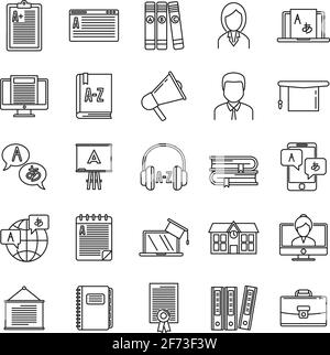 Ensemble moderne d'icônes de professeur de langue étrangère, style de contour Illustration de Vecteur