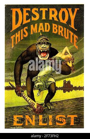 Une affiche américaine vintage de recrutement WW2 disant détruire ce Mad Brute - Enlist Banque D'Images