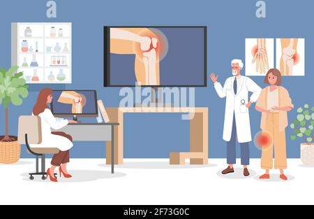 Triste femme avec douleur au genou au rendez-vous du médecin dans l'hôpital vecteur plat illustration. Médecin et infirmière regardant la radiographie de la jambe de la femme. Trauma de personne, conception intérieure de salle d'urgence. Illustration de Vecteur