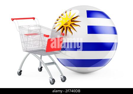 Panier avec drapeau uruguayen. Shopping en Uruguay concept. Rendu 3D isolé sur fond blanc Banque D'Images