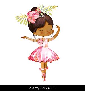 Danse Latino peau foncée Ballerina Baby Girl Wearind Pink Robe. Élégante collection de ballets d'entraînement à poser pour petit enfant Design poster imprimé Banque D'Images