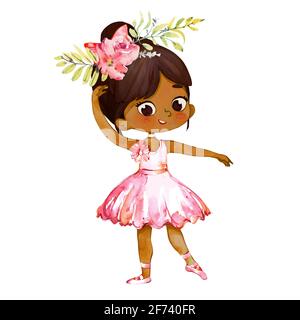 Petit personnage afro-américain Ballerina Baby Girl danse en rose. Élégant Ballet d'entraînement de pose d'enfant petite fille. Conception d'affiches pour l'impression Banque D'Images