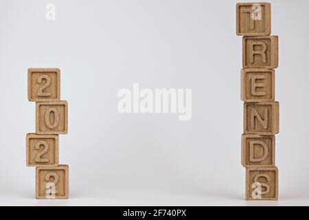 photo sur le thème des tendances. cubes en bois avec le mot « tendances » et les chiffres « 2022 », sur fond blanc. photo avec espace pour le texte Banque D'Images