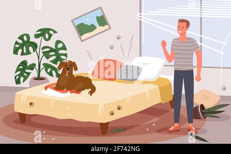 Les gens sèdent le problème de comportement de chien, l'homme en colère se colant doggy pour le chaos désordonné dans la chambre à coucher Illustration de Vecteur