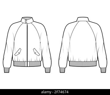 Veste Harrington Bomber zippée illustration technique de la mode avec poignets côtelés, grandes manches raglan longues, poches à rabat. Modèle de couche plate avant, arrière de couleur blanche. Femmes hommes unisexe top maquette CAD Illustration de Vecteur