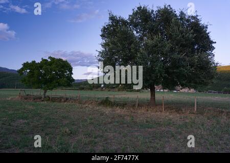 Coucher de soleil dans la ville de Gerbe, dans les Pyrénées aragonaises, situé à Huesca, Espagne. Vue Banque D'Images