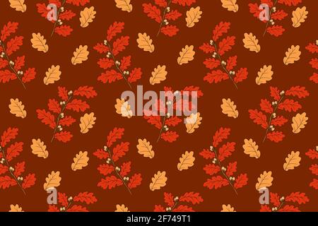 Dessin à la main de branches de chêne avec des glands dans la palette d'automne profond. Motif vectoriel sans coutures pour l'automne. Texture du feuillage rouge Illustration de Vecteur