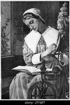 Portrait gravé d'une jeune femme, Priscilla le Puritan, lisant un livre pendant qu'elle travaille une roue tournante, basé sur un tableau d'Elizabeth Jane Gardner Banque D'Images