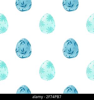 Motif aquarelle sans couture avec œufs peints à Pâques dans des couleurs bleues. Éléments festifs avec décorations florales. Idéal pour emballer du papier, du tissu Banque D'Images