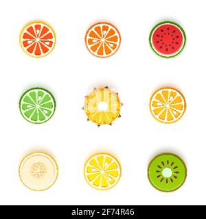 Ensemble de fruits ronds tropicaux coupés en papier. Cercle de tranches orange d'agrumes, mandarine, ananas, lime, citron, pamplemousse, melon, pastèque, kiwi Illustration de Vecteur