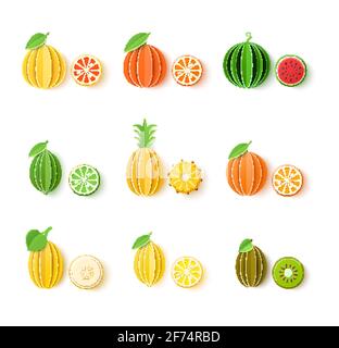 Ensemble de fruits tropicaux de style coupé en papier. Orange entier et tranché, mandarine, ananas, lime, citron, pamplemousse, melon, pastèque, kiwi à l'origami Illustration de Vecteur