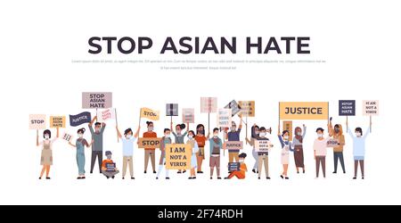 stop asiatique mélange de haine race personnes dans des masques tenant des bannières contre le racisme aider les gens pendant la pandémie covid-19 Illustration de Vecteur