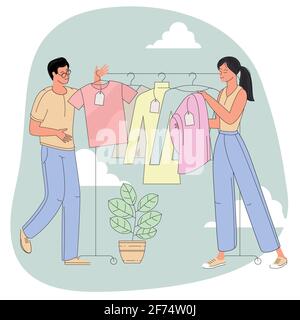 les gens choisissant des vêtements dans le magasin de vêtements Illustration de Vecteur