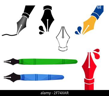 Mettre en place les affiches de plume. Plusieurs poignées en couleur et noir et blanc. stylo plume isolé sur fond blanc. Illustration vectorielle. Illustration de Vecteur