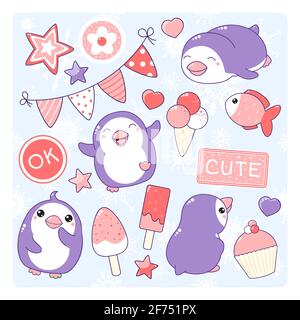 Ensemble d'autocollants style kawaii. Collection de pingouins mignons, desserts, crème glacée, poisson, étoile, cœur. Illustration vectorielle EPS8 Illustration de Vecteur